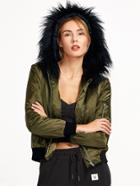 Shein Olive Green Silky Bomber Jacket With Faux Fur Trim Hood