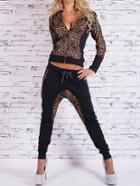 Shein Black Hooded Leopard Zipper Top With Drawstring Pant