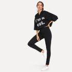 Shein Ear Hooded Letter Print Crop Top & Leggings Set