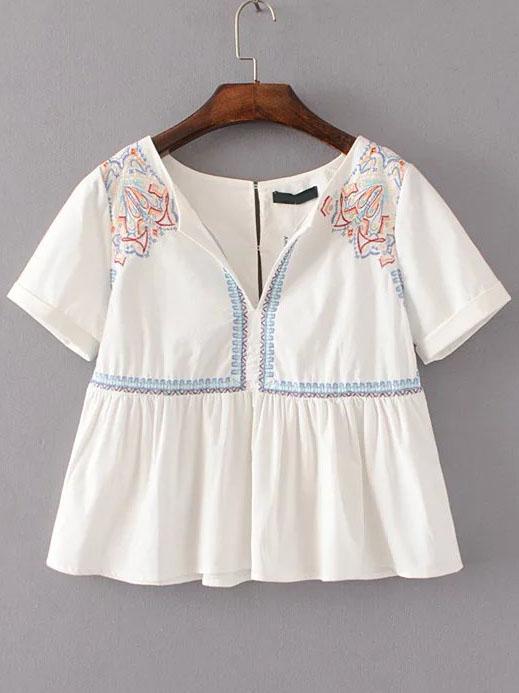 Shein White Embroidery Detail Babydoll Blouse