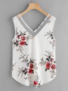 Shein Mesh Double V Neck Curved Floral Tank Top