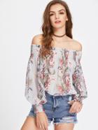 Shein Smocked Neck And Cuff Tropical Bardot Top