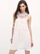 Shein White Sleeveless Embroidered Pleated Dress