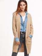 Shein Khaki Open Front Cable Knit Cardigan With Pockets