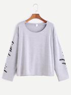 Shein Heather Grey Letter Print Cut Out Neck T-shirt