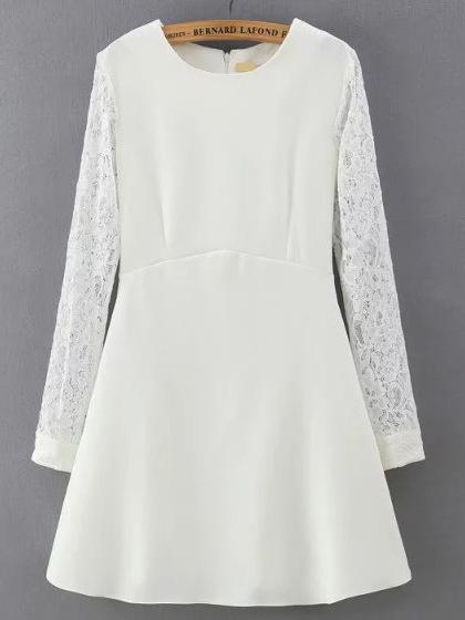 Shein White Crew Neck Lace Long Sleeve Slim Dress