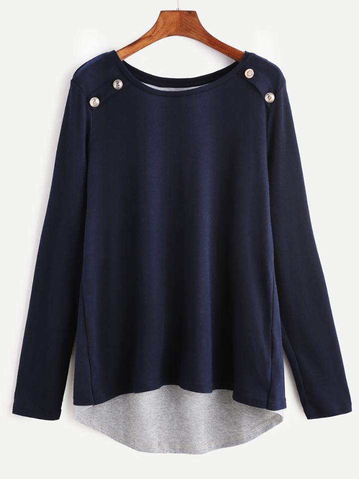 Shein Navy Buttoned Shoulder Contrast Hem Slit Back T-shirt