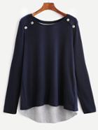 Shein Navy Buttoned Shoulder Contrast Hem Slit Back T-shirt