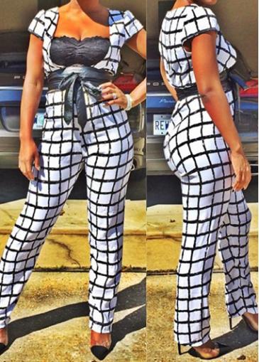 Rosewe Cap Sleeve Plaid Print Belted Jumpsuit