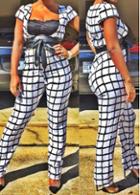 Rosewe Cap Sleeve Plaid Print Belted Jumpsuit