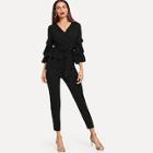 Shein Belted Bishop Sleeve Wrap Top & Pants Set