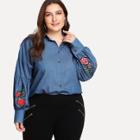 Shein Plus Rose Embroidered Drop Shoulder Denim Shirt