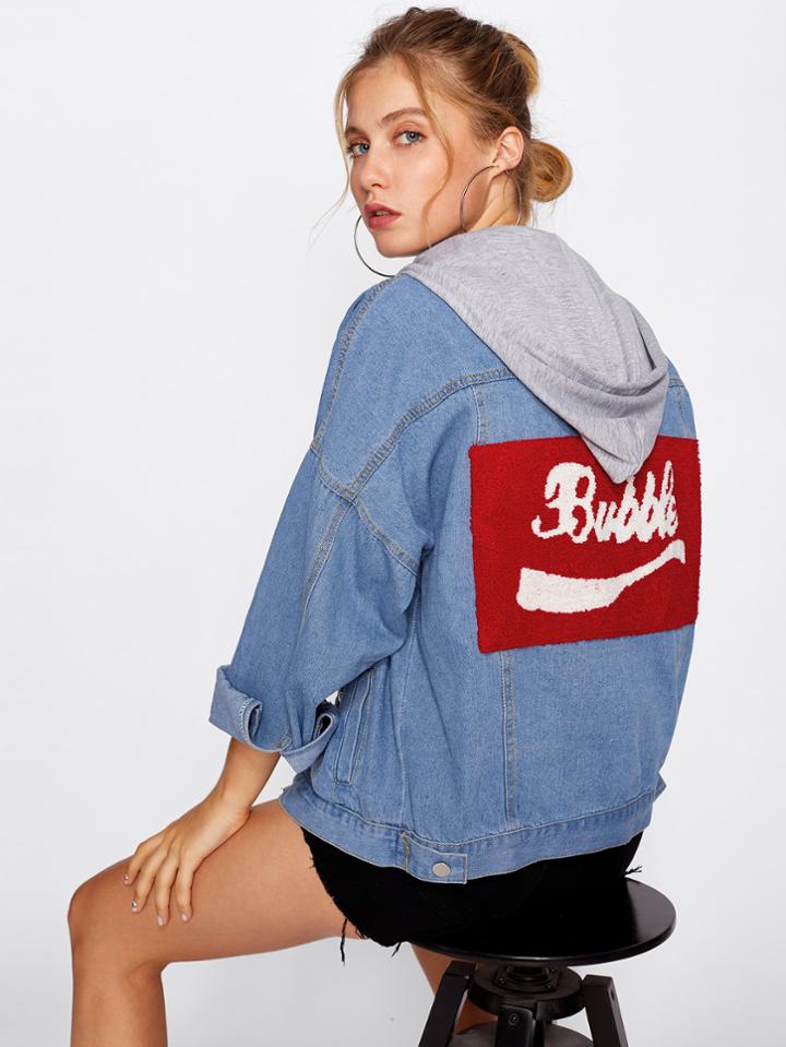 Shein Patch Back Drop Shoulder Hooded Denim Jacket