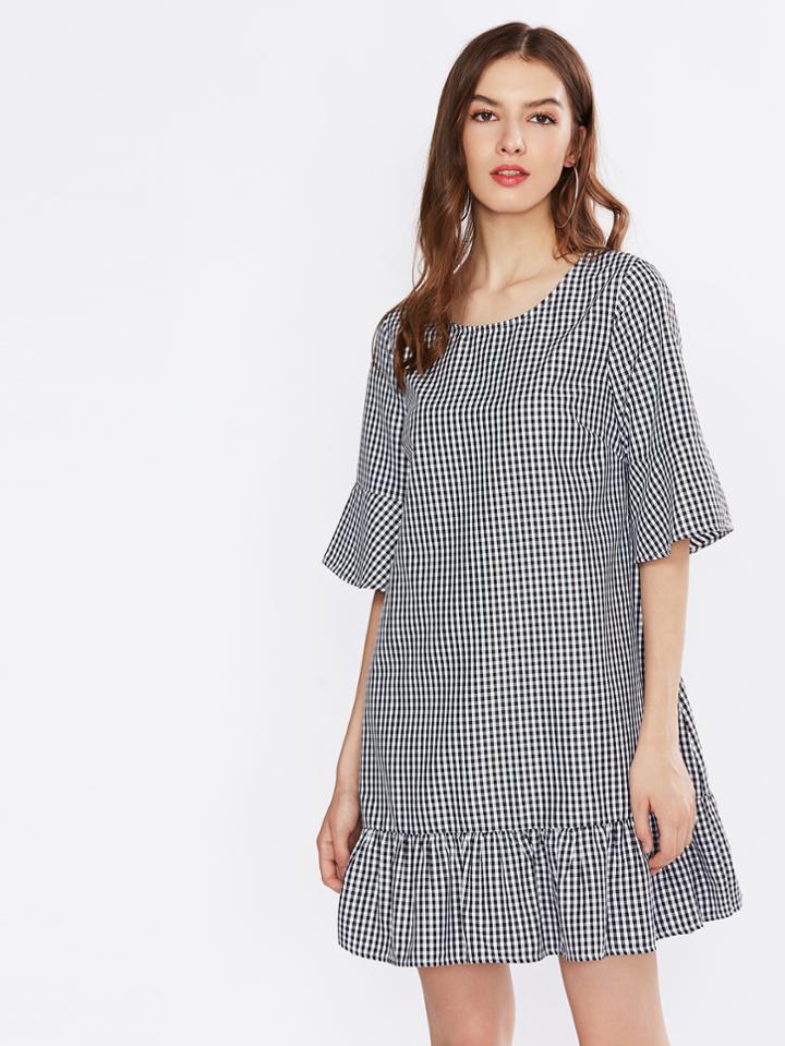 Shein Trumpet Sleeve Tiered Hem Gingham Dress