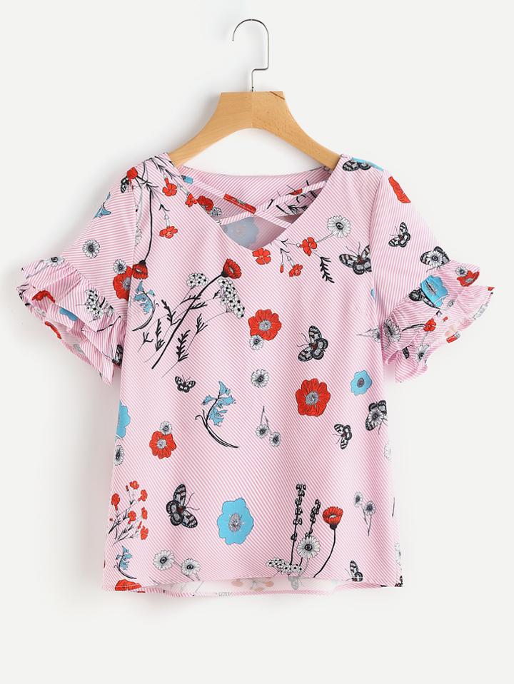 Shein Crisscross Neck Layered Sleeve Floral And Striped Top