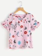 Shein Crisscross Neck Layered Sleeve Floral And Striped Top
