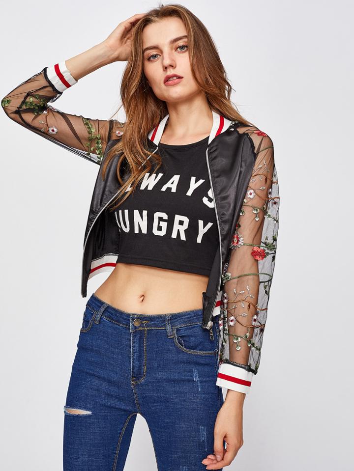 Shein Contrast Striped Trim Embroidery Mesh Sleeve Jacket