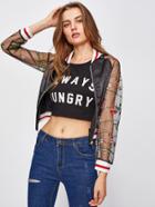 Shein Contrast Striped Trim Embroidery Mesh Sleeve Jacket