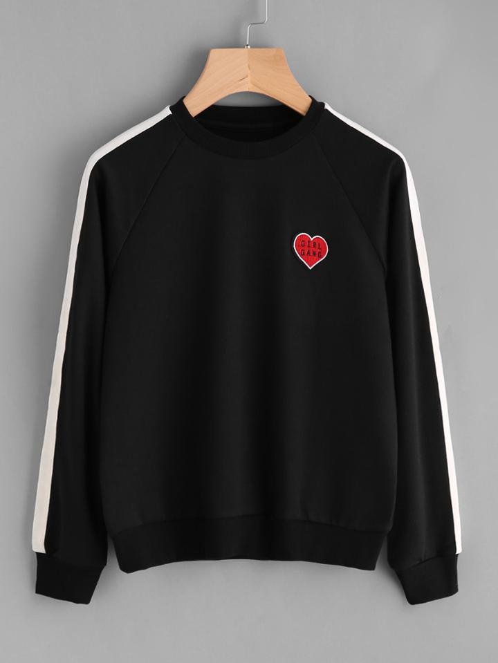 Shein Slogan Print Back Embroidered Heart Patch Sweatshirt