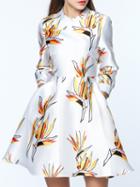 Shein White Round Neck Long Sleeve Pockets Print Dress