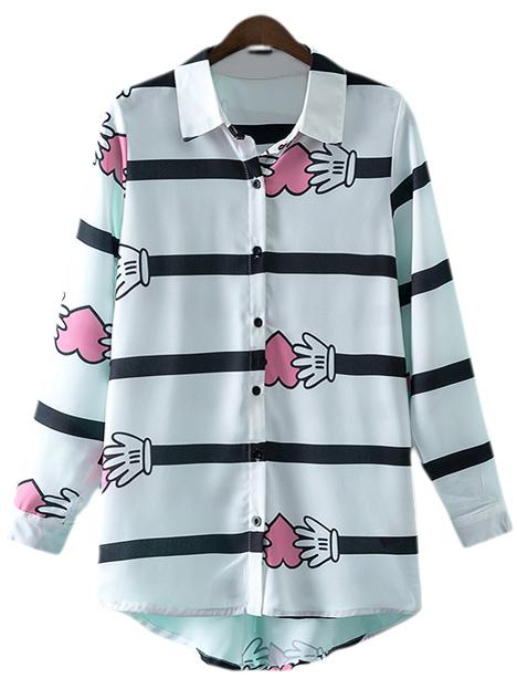 Shein Multicolor Dip Hem Hands Print Lapel Blouse