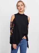 Shein Crisscross Open Shoulder Embroidery Bell Sleeve Blouse