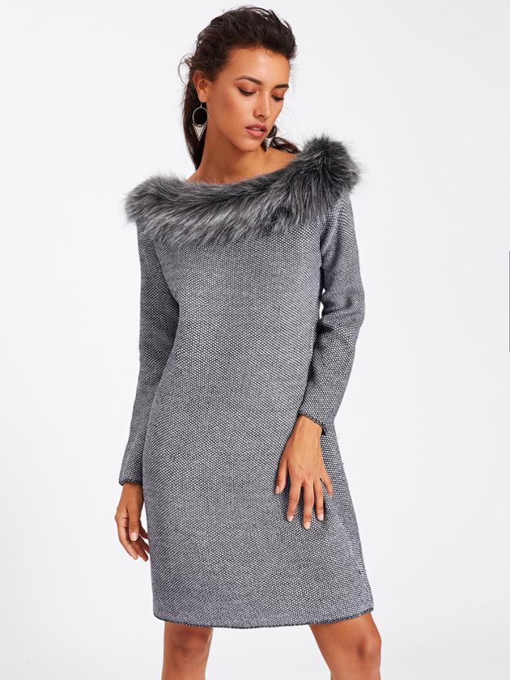 Shein Faux Fur Neck Textured Sweater Dress
