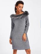 Shein Faux Fur Neck Textured Sweater Dress