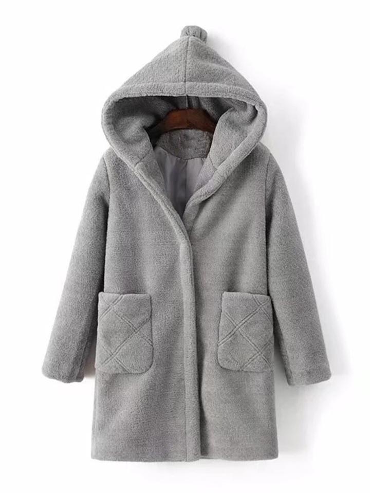 Shein Fuzzy Hooded Coat With Pom Detail