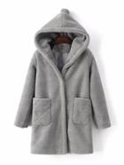 Shein Fuzzy Hooded Coat With Pom Detail