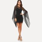 Shein Exaggerate Bell Sleeve Glitter Mesh Dress With Cami
