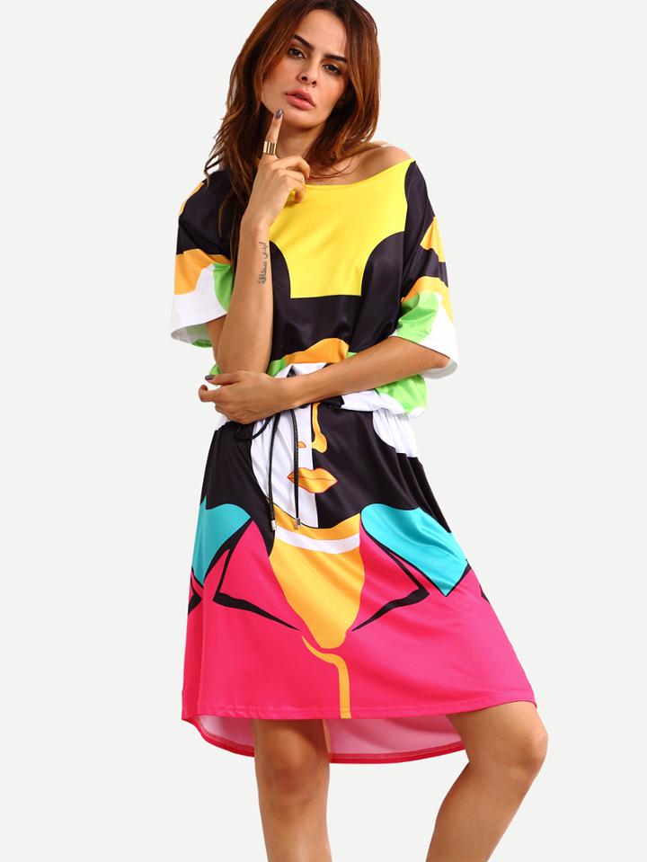 Shein Color Block Pop Portrait Print Shift Dress