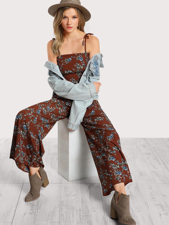 Shein Self Tie Shoulder Flared Floral Jumpsuit