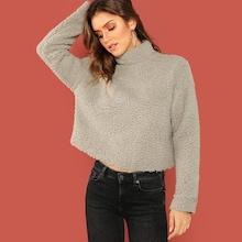 Shein Mock-neck Solid Teddy Pullover