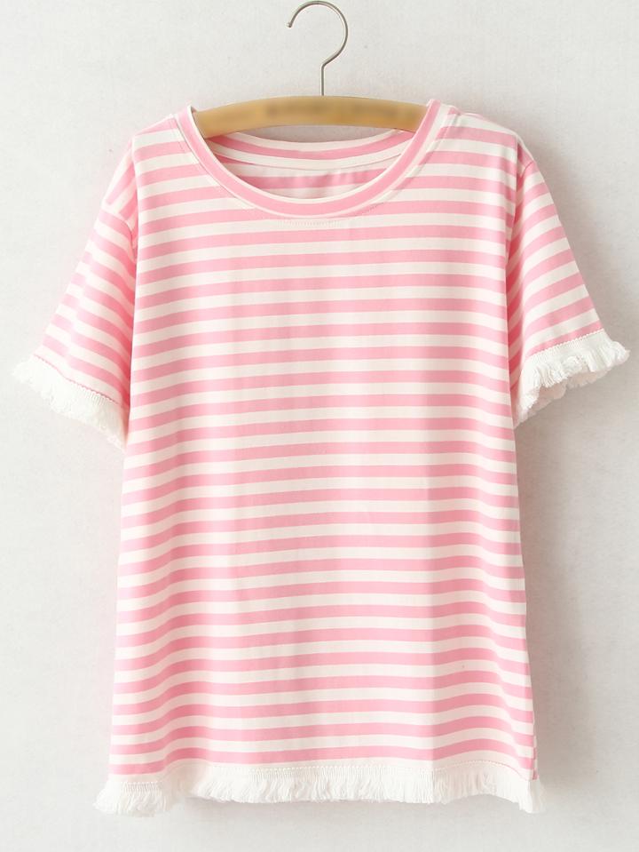 Shein Pink Short Sleeve Fringe Stripe T-shirt