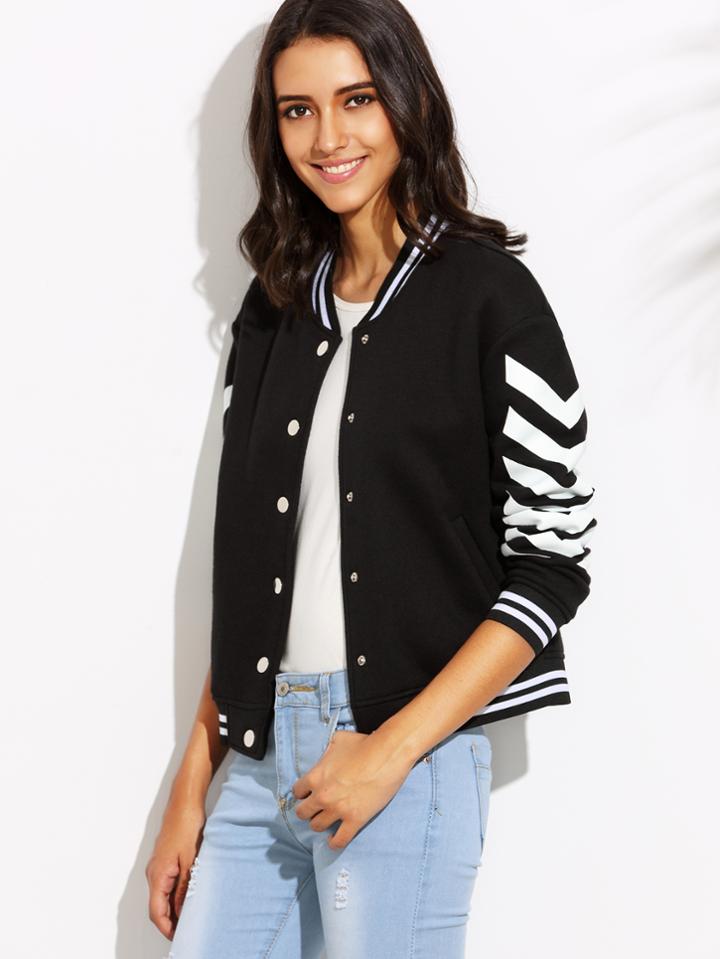 Shein Chevron Print Striped Trim Baseball Jacket