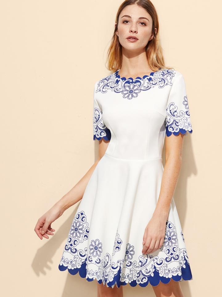 Shein White Floral Scalloped Hem Skater Dress