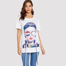 Shein Figure Print Letter Ribbon Tee