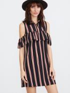 Shein Striped Open Shoulder Ruffle Shirt Dress