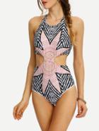 Shein Tribal Print Cutout One-piece Swimwear - Grey