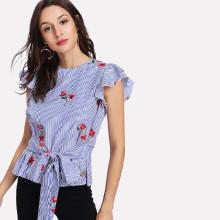 Shein Flutter Sleeve Tie Waist Embroidered Striped Top
