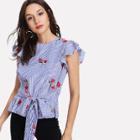 Shein Flutter Sleeve Tie Waist Embroidered Striped Top