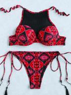 Shein Red Printed Contrast Net Bustier Bikini Set