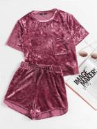 Shein Pocket Front Crushed Velvet Top And Bow Shorts Set