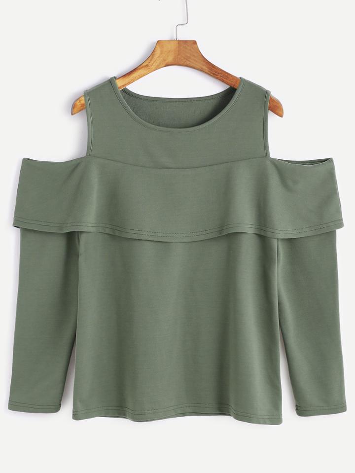 Shein Army Green Open Shoulder Ruffle Trim T-shirt