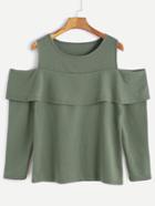Shein Army Green Open Shoulder Ruffle Trim T-shirt