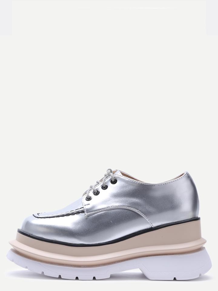 Shein Silver Patent Leather Lace Up Flatform Shoes