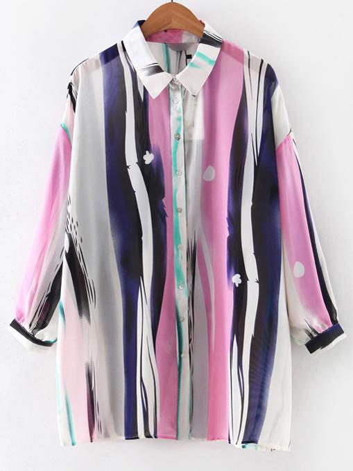 Shein Multicolor Lapel Printed Buttons Long Blouse