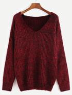 Shein Burgundy Marled Knit V Neck Drop Shoulder Sweater