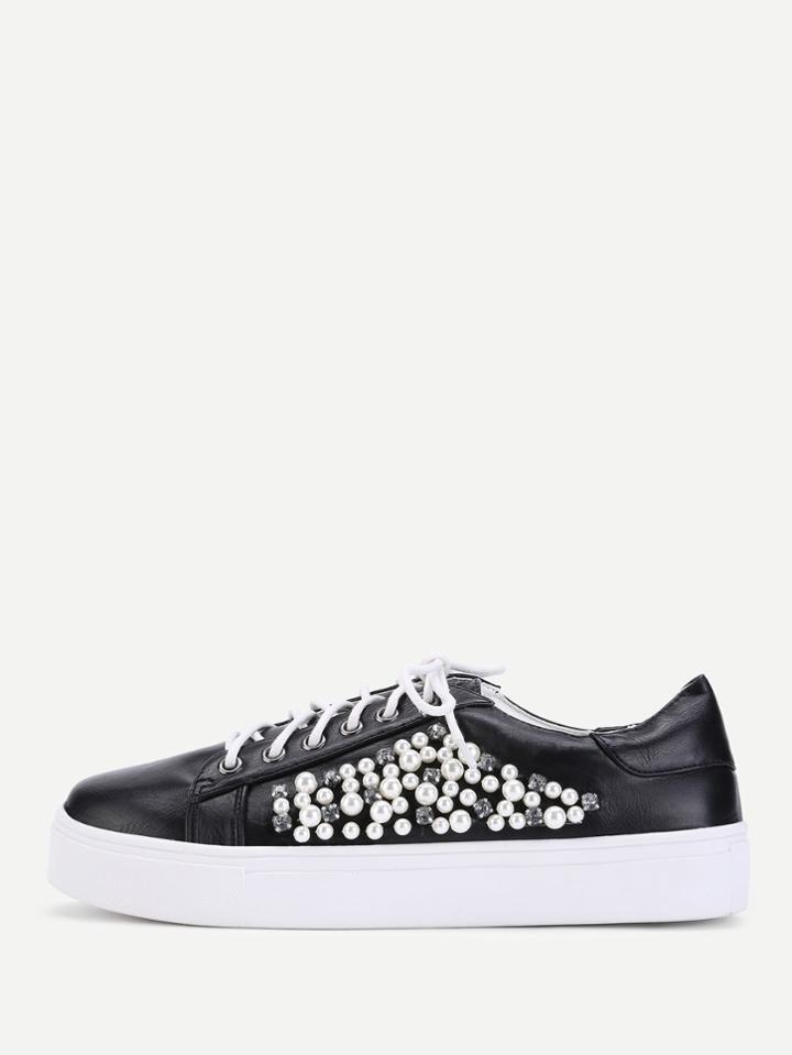 Shein Rhinestone & Faux Pearl Lace Up Sneaker